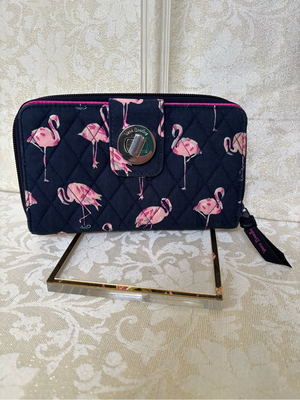 Vera Bradley Navy Quilted Wallet with Pink Flamingo Print